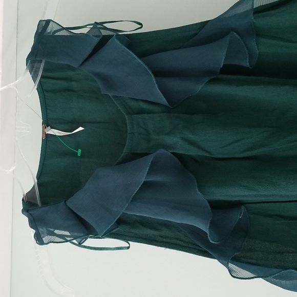 Free People Jade Green Crepe Shift Mini Dress with Ruffles and Side Pockets Sz 6 - Picture 2 of 11